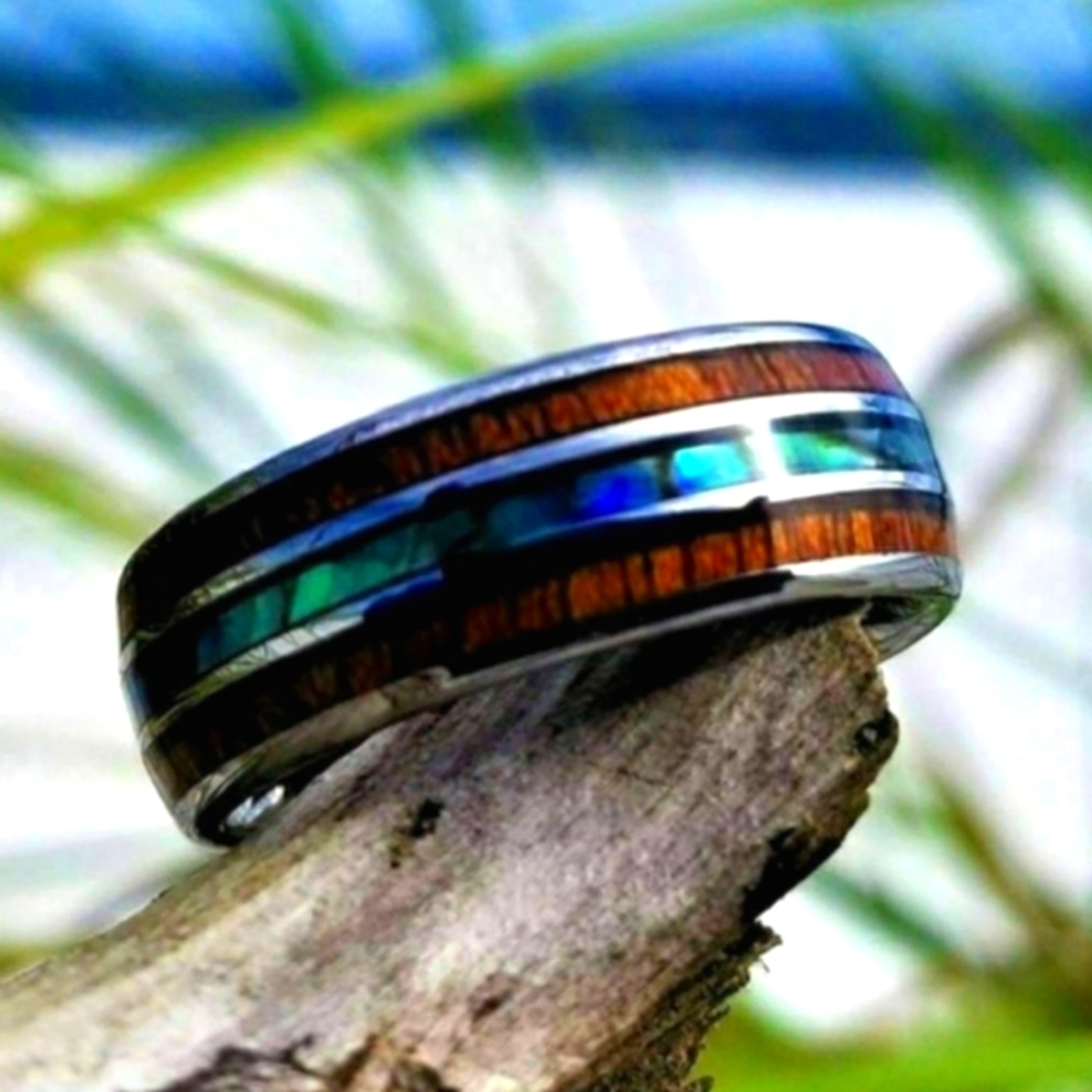 Unisex Tungsten Hawaiian KOA Wood Abalone Ring